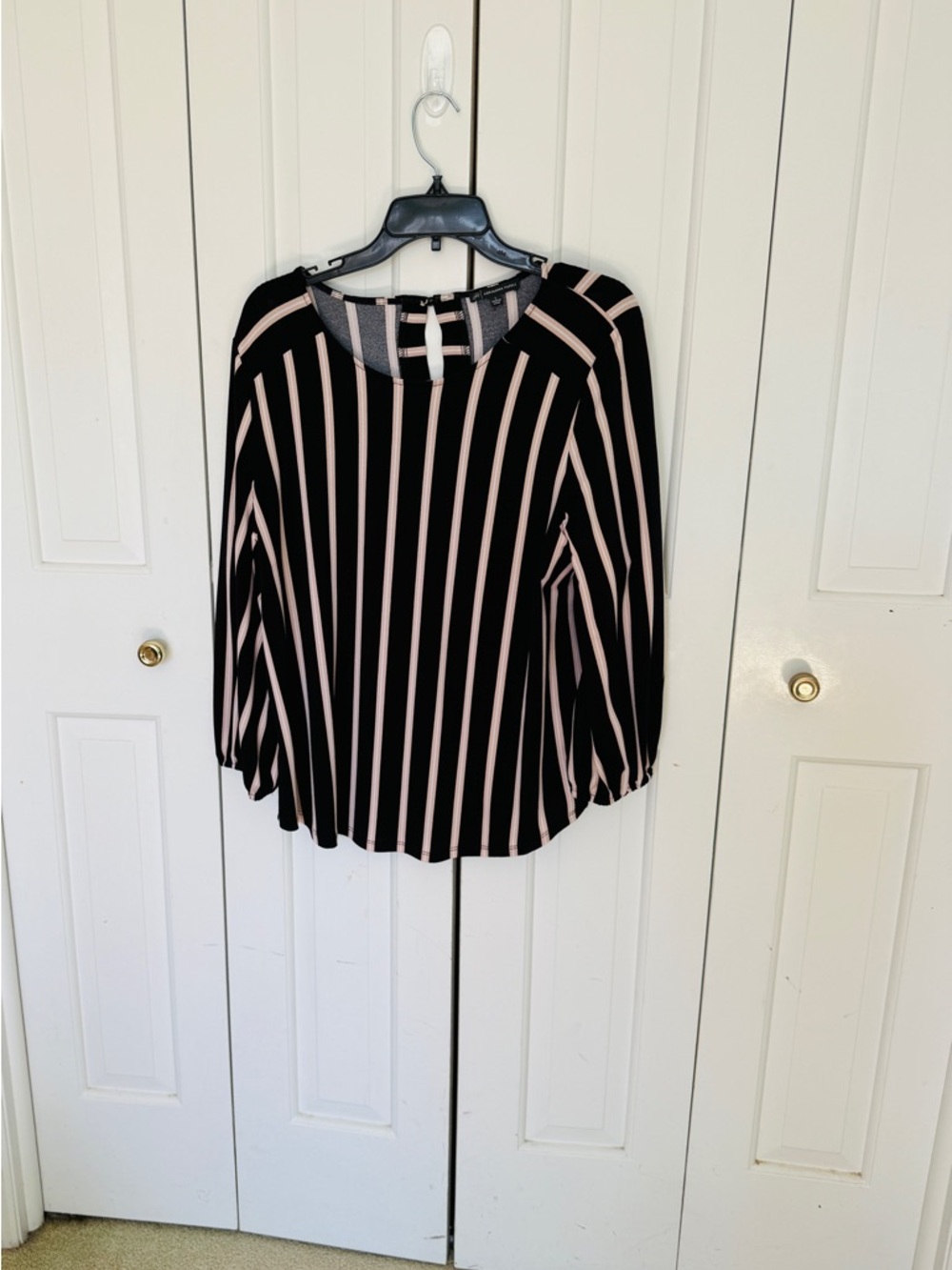 Adrianna Papell Black and Blush Vertical-Stripe Long-Sleeve Top